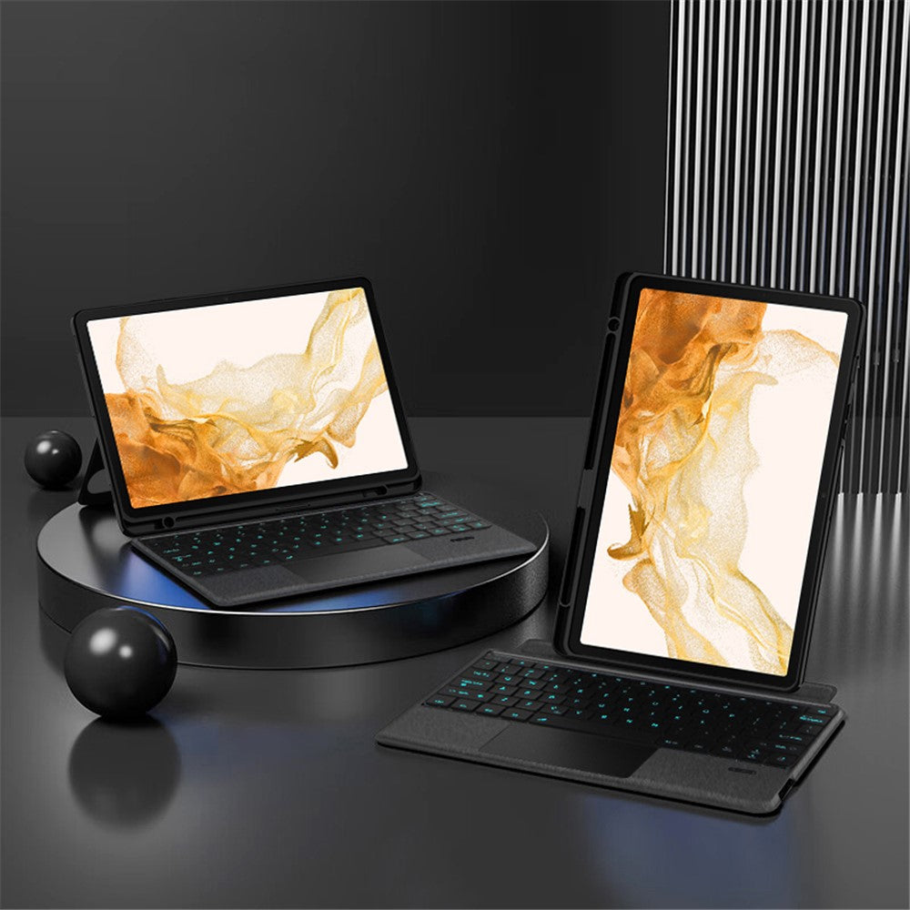Til Samsung Galaxy Tab S8+ / S7+ / S7 FE Lædercover + Bluetooth-kompatibelt Tastatur med Baggrundsbelysning Trackpad