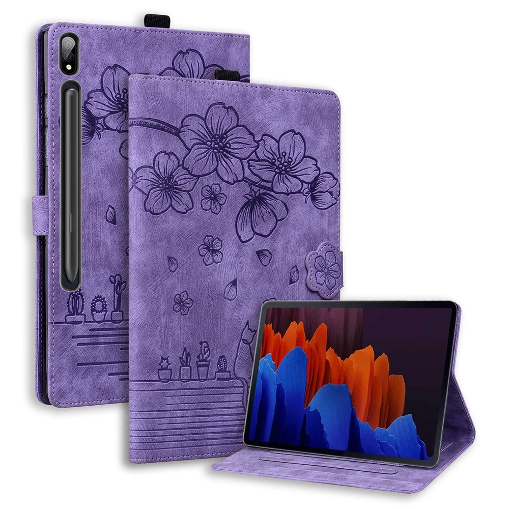 For Samsung Galaxy Tab S9 FE+ Leather Tablet Case Flower Cat Pattern Card Slots Cover
