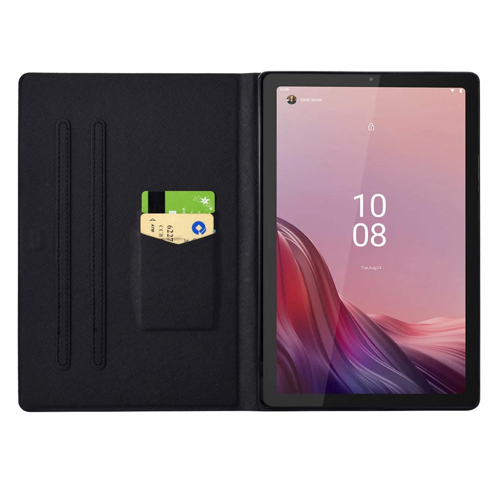 Lenovo Tab M9 TB-310FU-fodral i läder med mönster, kollisionsskydd och automatisk väcknings-/vilolägefunktion.