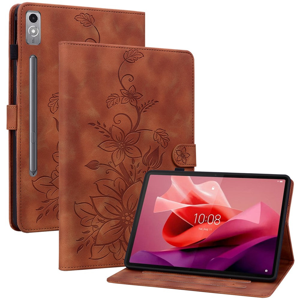 Läderfodral till Lenovo Tab P12, Lily Flower, med stativ och korthållare.