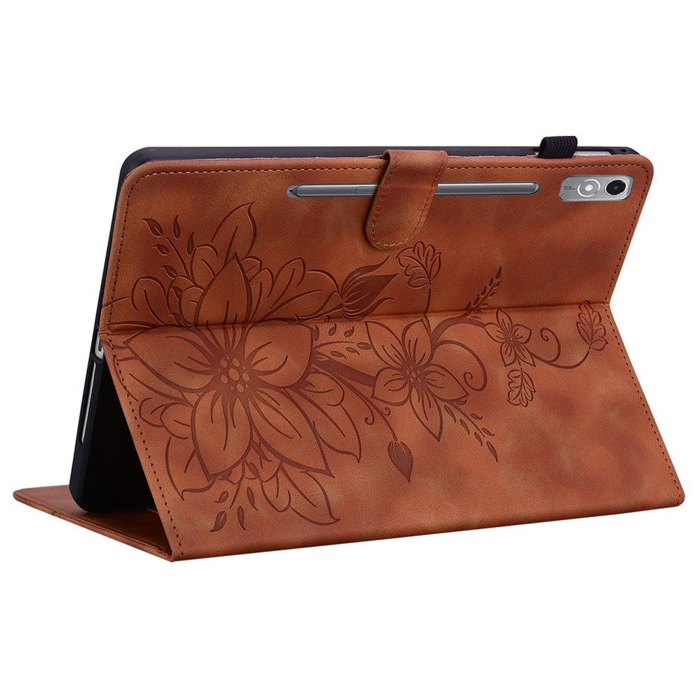 Läderfodral till Lenovo Tab P12, Lily Flower, med stativ och korthållare.