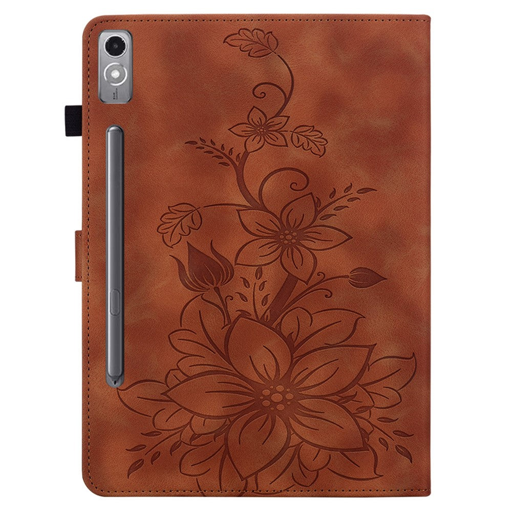 Läderfodral till Lenovo Tab P12, Lily Flower, med stativ och korthållare.