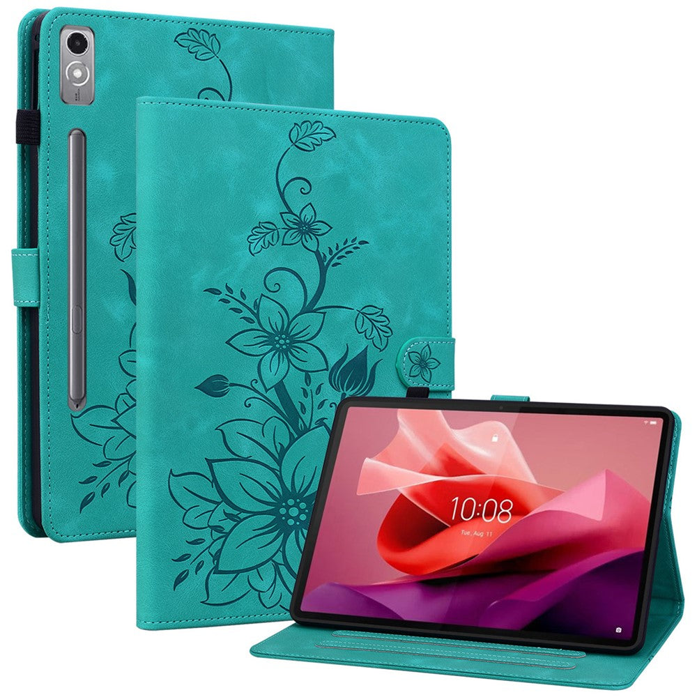 Läderfodral till Lenovo Tab P12, Lily Flower, med stativ och korthållare.