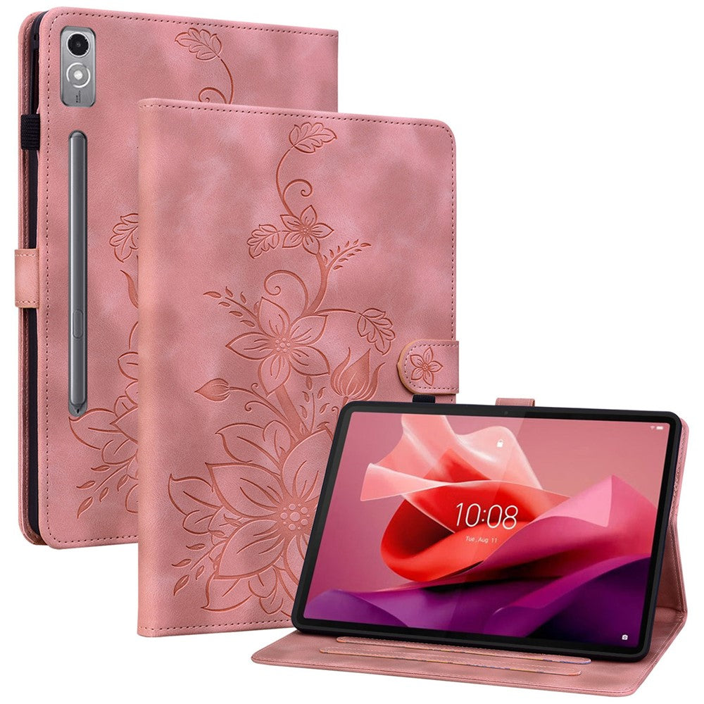 Läderfodral till Lenovo Tab P12, Lily Flower, med stativ och korthållare.