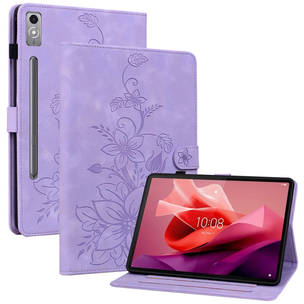 Läderfodral till Lenovo Tab P12, Lily Flower, med stativ och korthållare.