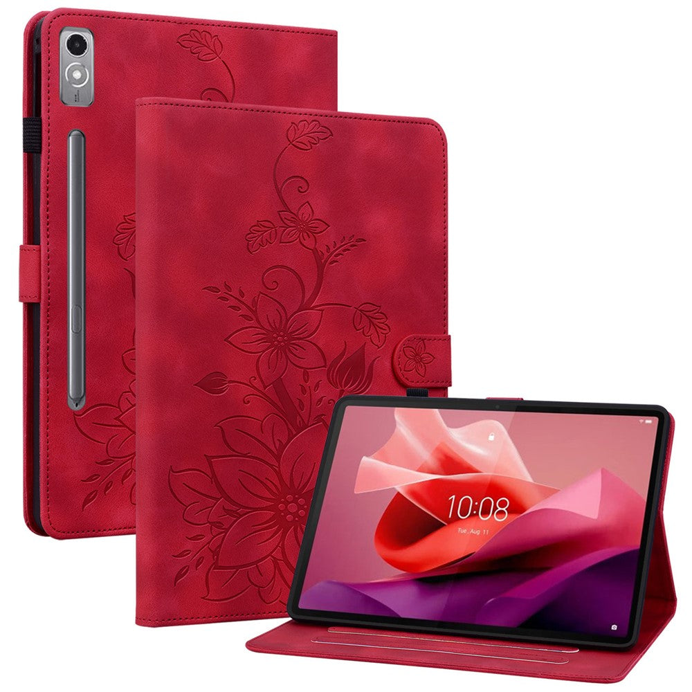 Läderfodral till Lenovo Tab P12, Lily Flower, med stativ och korthållare.