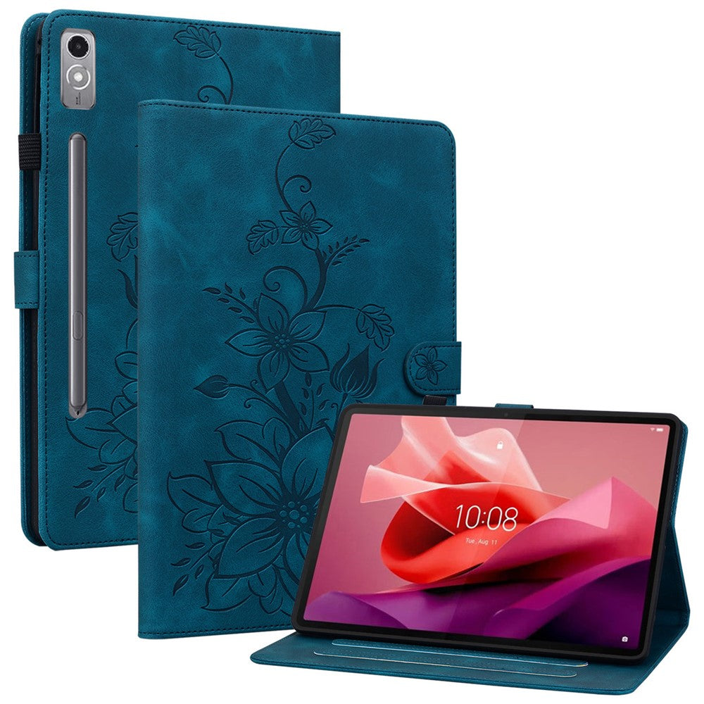 Läderfodral till Lenovo Tab P12, Lily Flower, med stativ och korthållare.