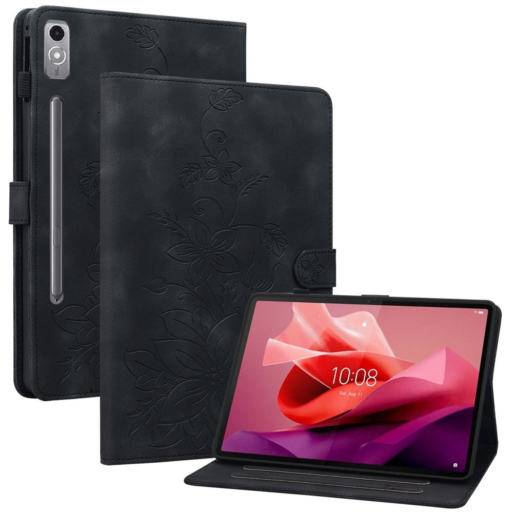 Läderfodral till Lenovo Tab P12, Lily Flower, med stativ och korthållare.