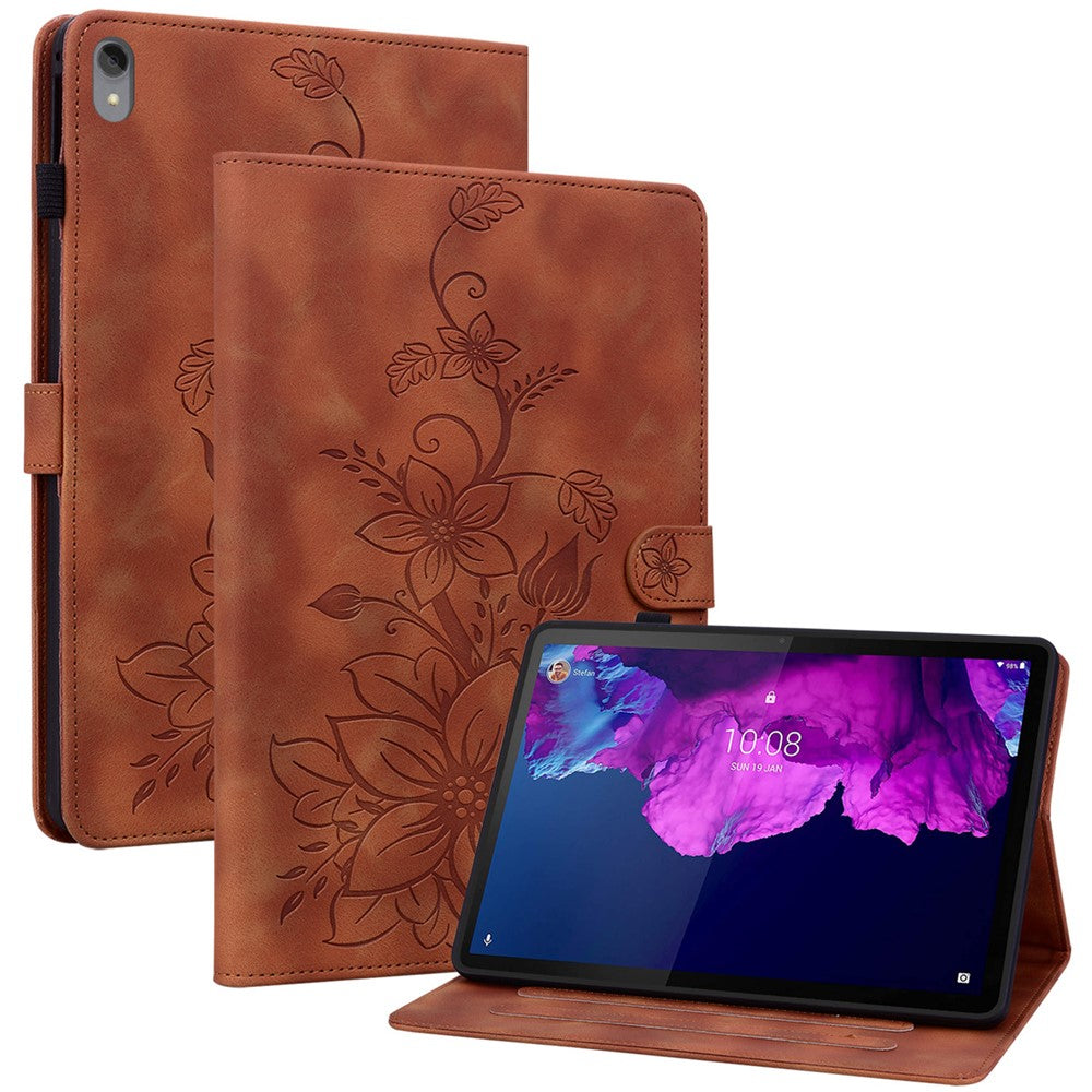 For Lenovo Tab P11 TB-J606F Leather Case Card Slots Lily Flower Pattern Tablet Cover