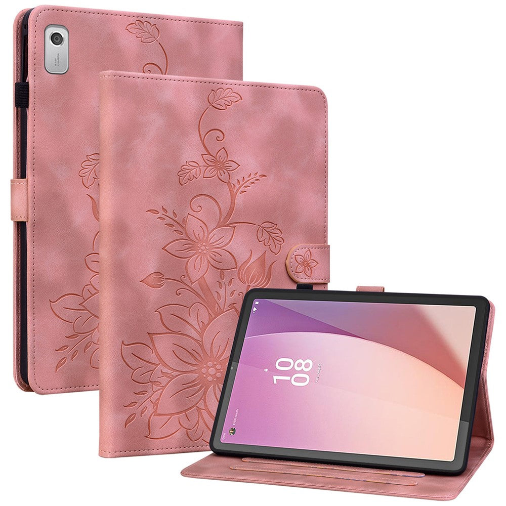 Lenovo Tab M9 TB-310FU Fodral Präglat Lilja Blomma PU Läder Kortplatser Surfplatta Fodral