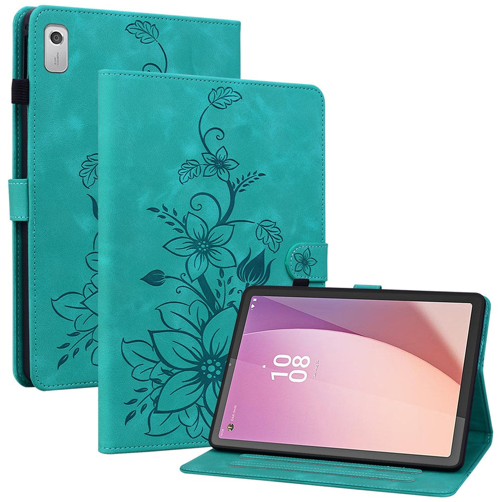 Lenovo Tab M9 TB-310FU Fodral Präglat Lilja Blomma PU Läder Kortplatser Surfplatta Fodral