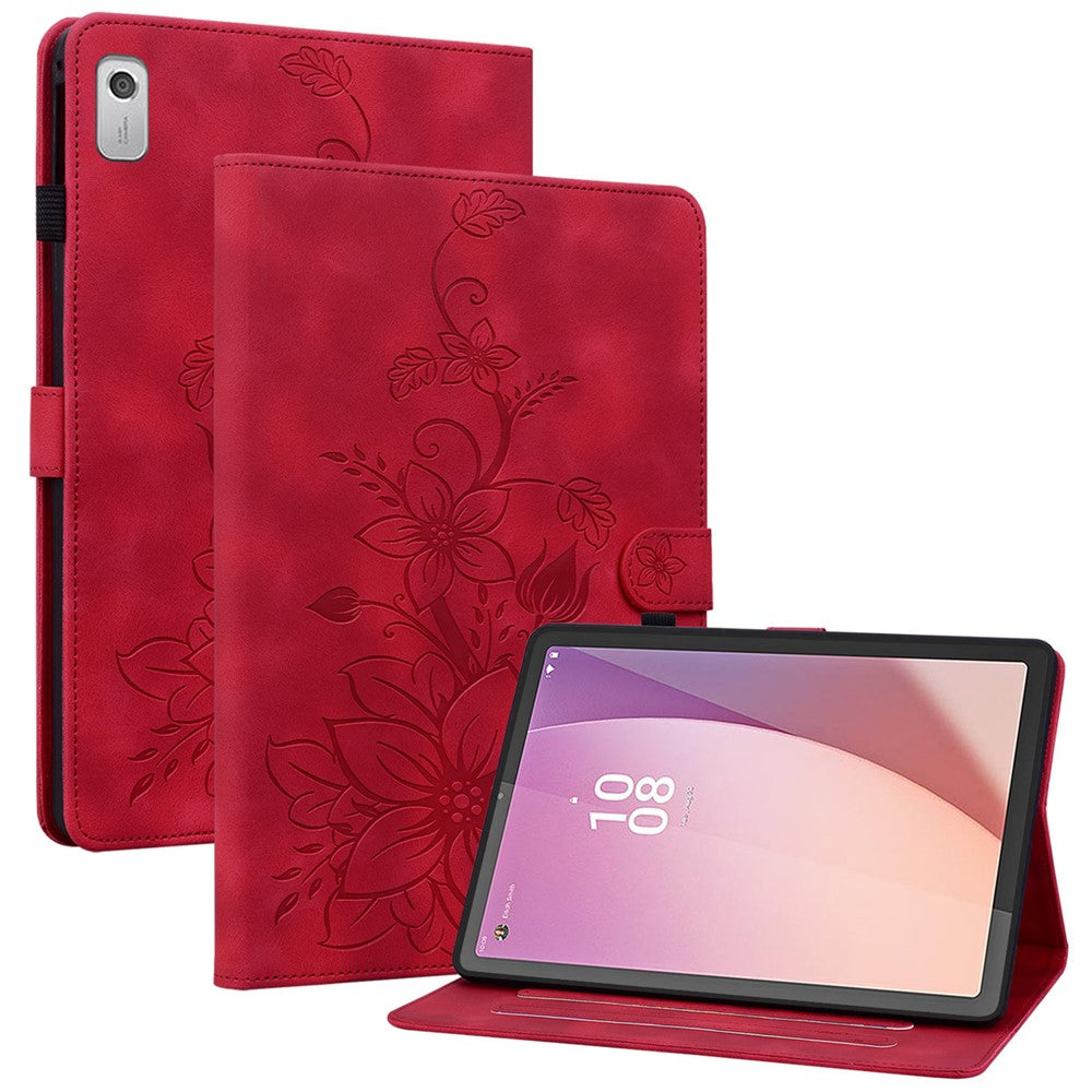 Lenovo Tab M9 TB-310FU Fodral Präglat Lilja Blomma PU Läder Kortplatser Surfplatta Fodral