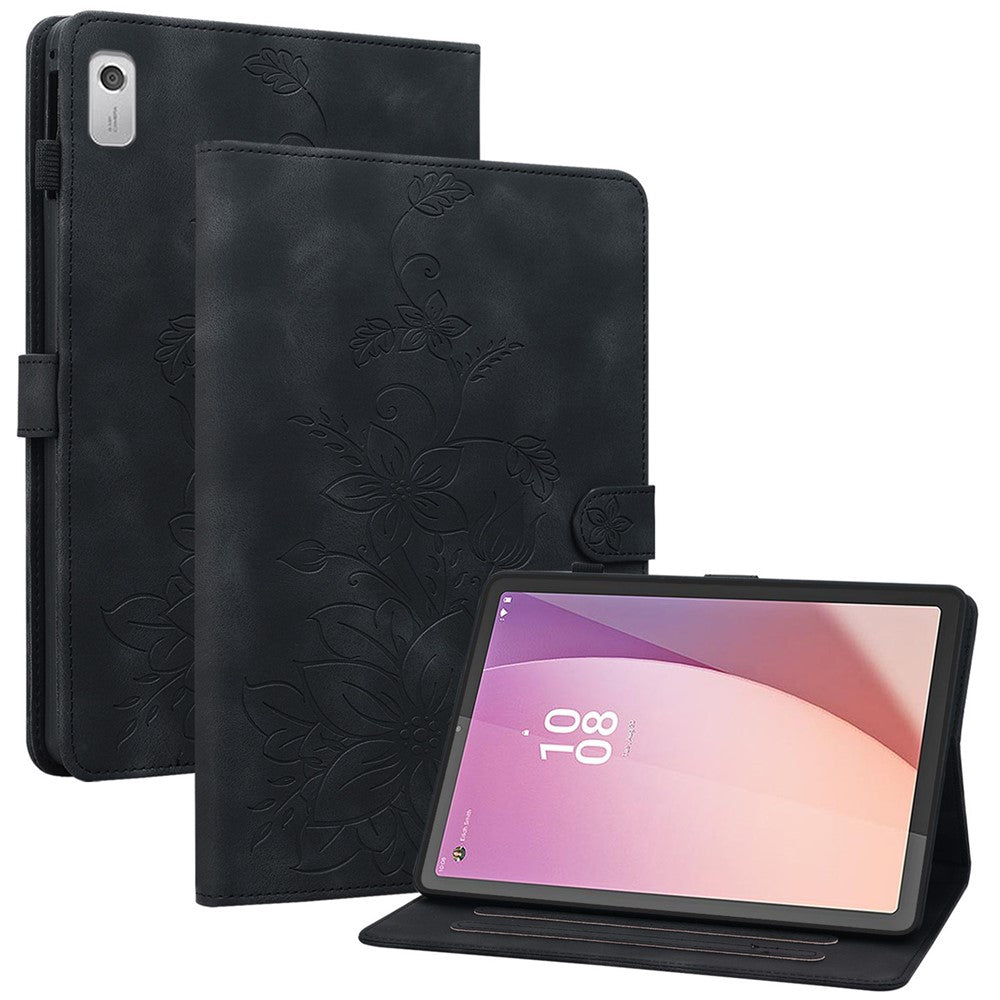 Lenovo Tab M9 TB-310FU Fodral Präglat Lilja Blomma PU Läder Kortplatser Surfplatta Fodral