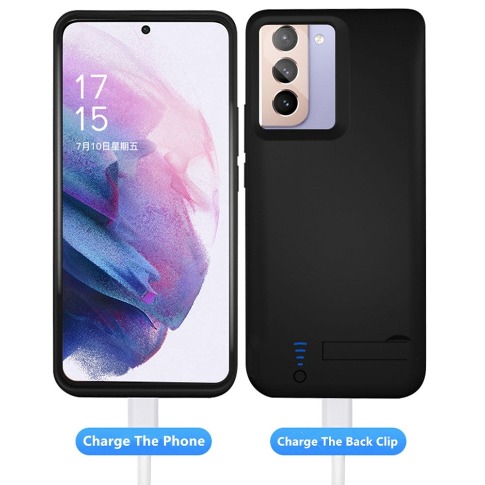 E89 För Samsung Galaxy S21 4G/5G 4800mAh Bakklämma Powerbank Uppladdningsbart Utökat Batteri Stativdesign Mjukt TPU-kant Mobilmobil Laddningsskal Baksida