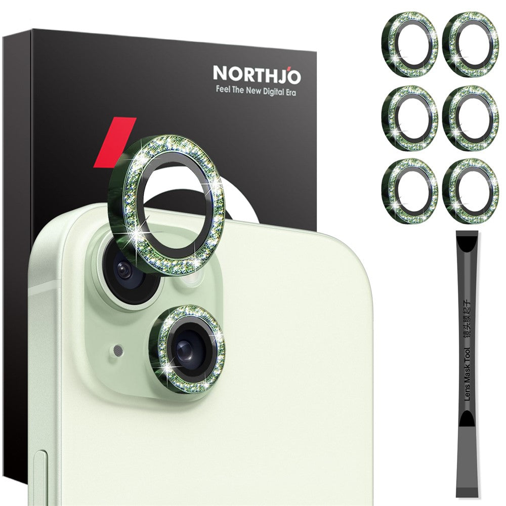 NORTHJO 3 Sets for iPhone 15 / 15 Plus / 14 / 14 Plus Lens Protector Glitter Metal Ring Tempered Glass Lens Film