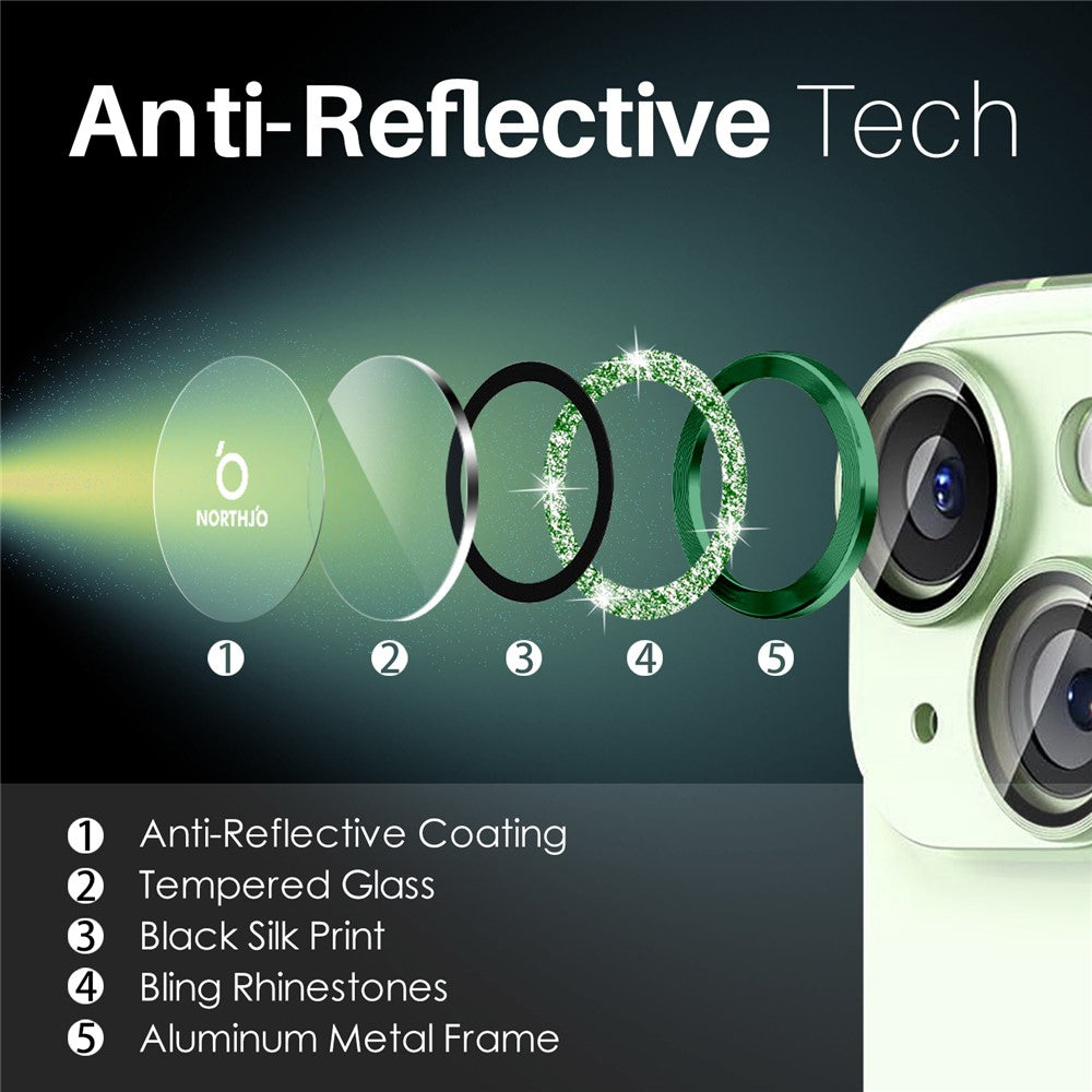 NORTHJO 3 Sets for iPhone 15 / 15 Plus / 14 / 14 Plus Lens Protector Glitter Metal Ring Tempered Glass Lens Film