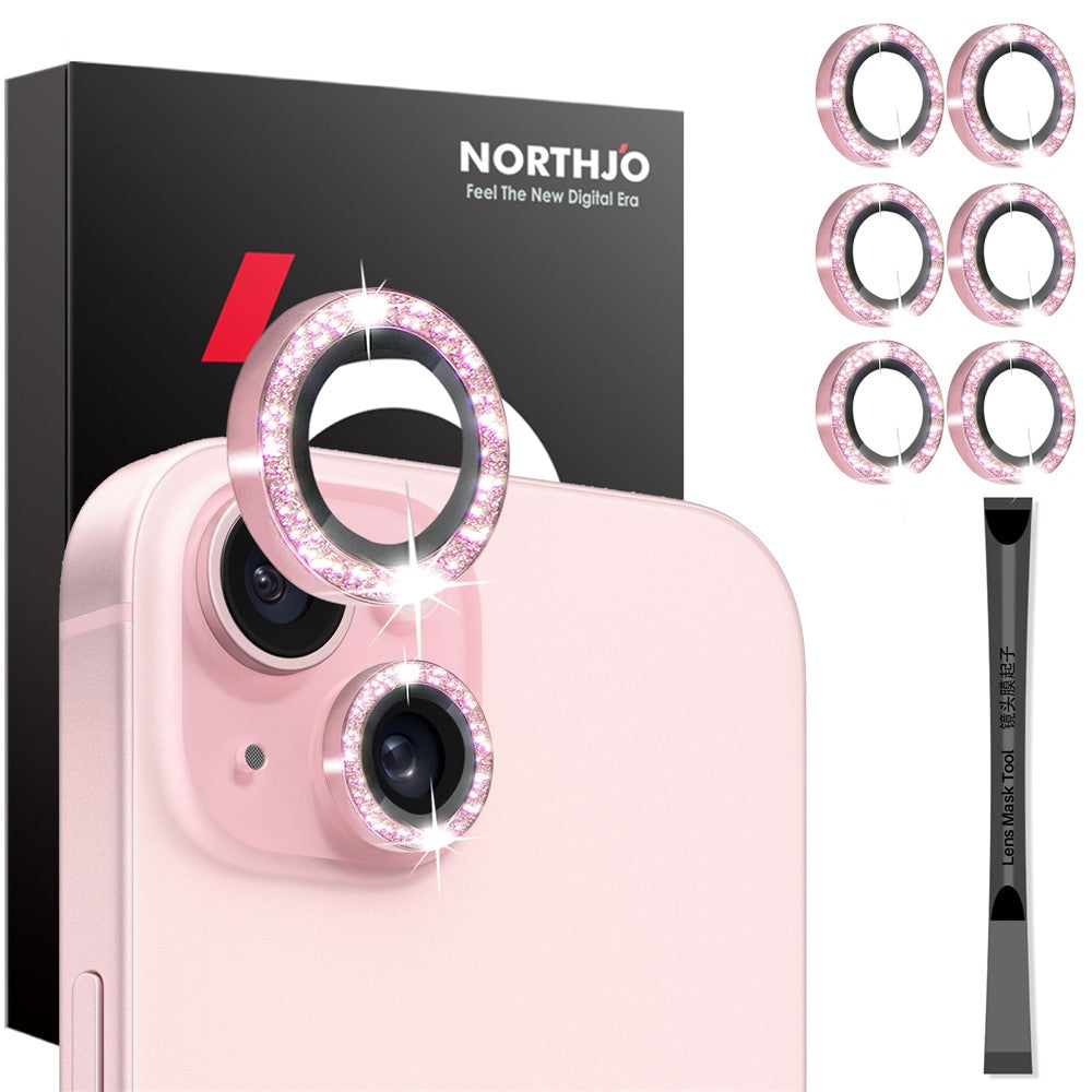 NORTHJO 3 Sets for iPhone 15 / 15 Plus / 14 / 14 Plus Lens Protector Glitter Metal Ring Tempered Glass Lens Film