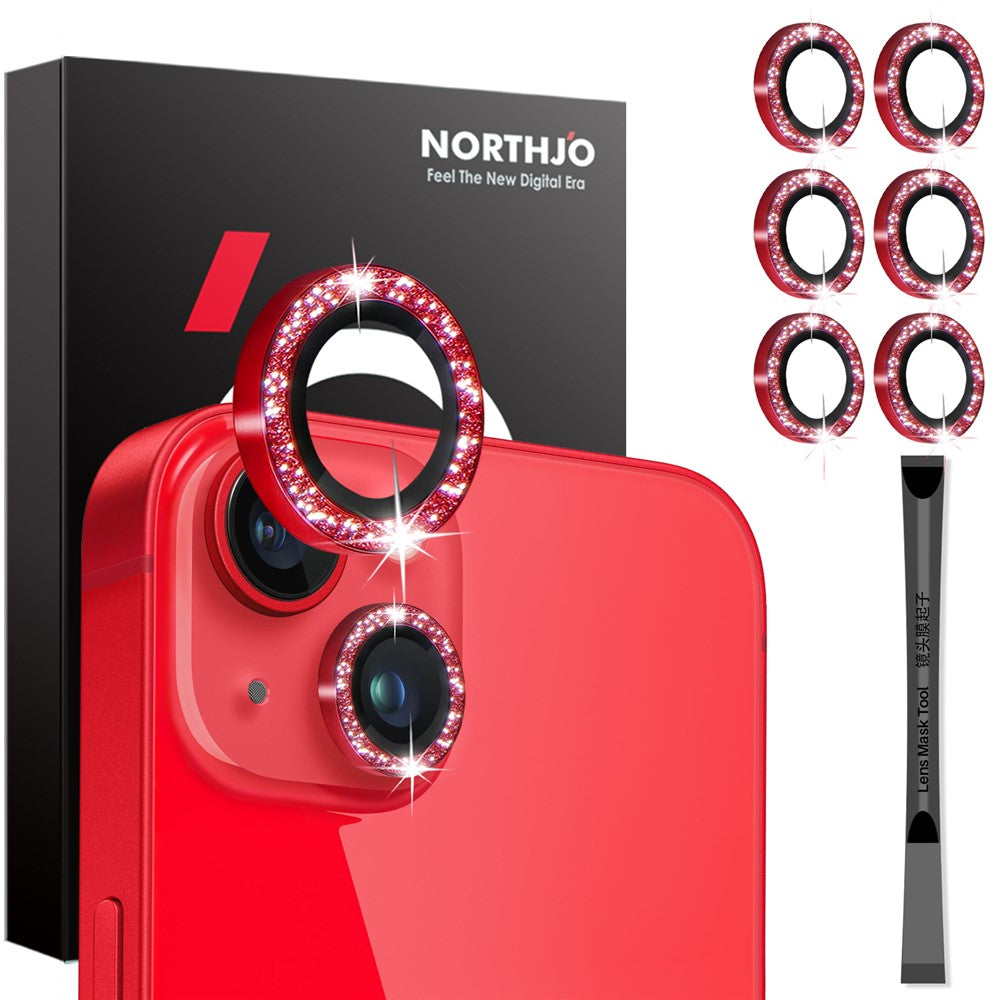 NORTHJO 3 Sets for iPhone 15 / 15 Plus / 14 / 14 Plus Lens Protector Glitter Metal Ring Tempered Glass Lens Film