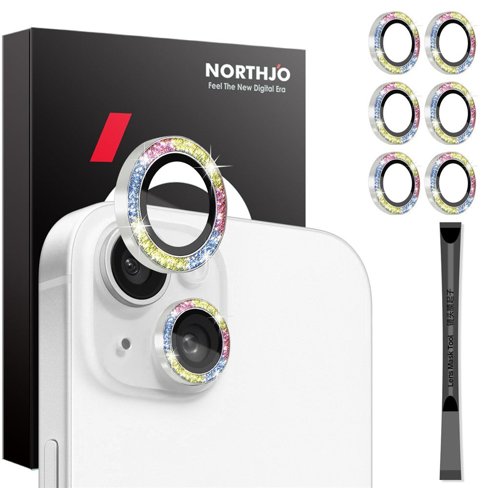 NORTHJO 3 Sets for iPhone 15 / 15 Plus / 14 / 14 Plus Lens Protector Glitter Metal Ring Tempered Glass Lens Film