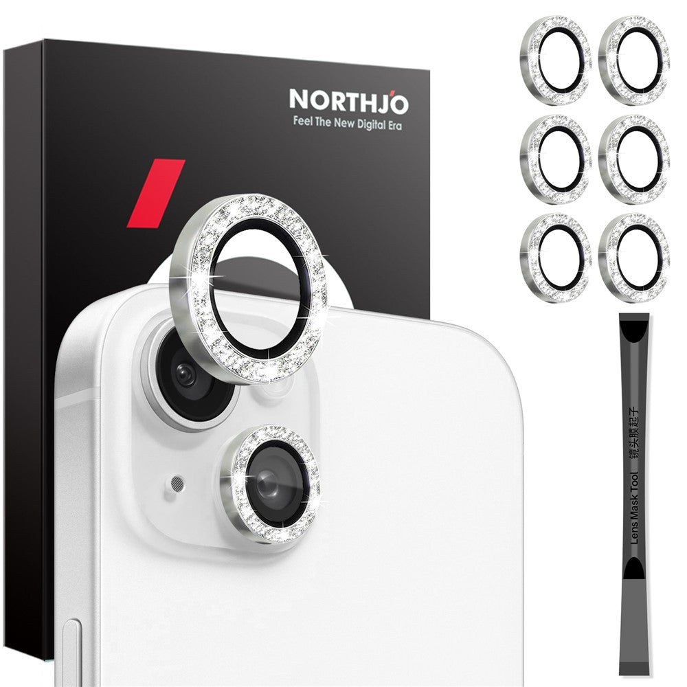 NORTHJO 3 Sets for iPhone 15 / 15 Plus / 14 / 14 Plus Lens Protector Glitter Metal Ring Tempered Glass Lens Film