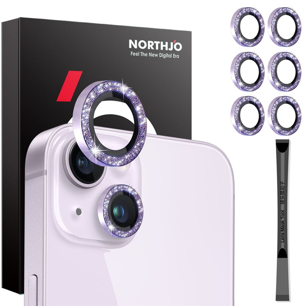 NORTHJO 3 Sets for iPhone 15 / 15 Plus / 14 / 14 Plus Lens Protector Glitter Metal Ring Tempered Glass Lens Film