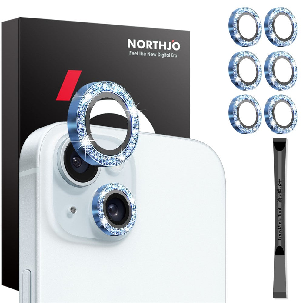 NORTHJO 3 Sets for iPhone 15 / 15 Plus / 14 / 14 Plus Lens Protector Glitter Metal Ring Tempered Glass Lens Film
