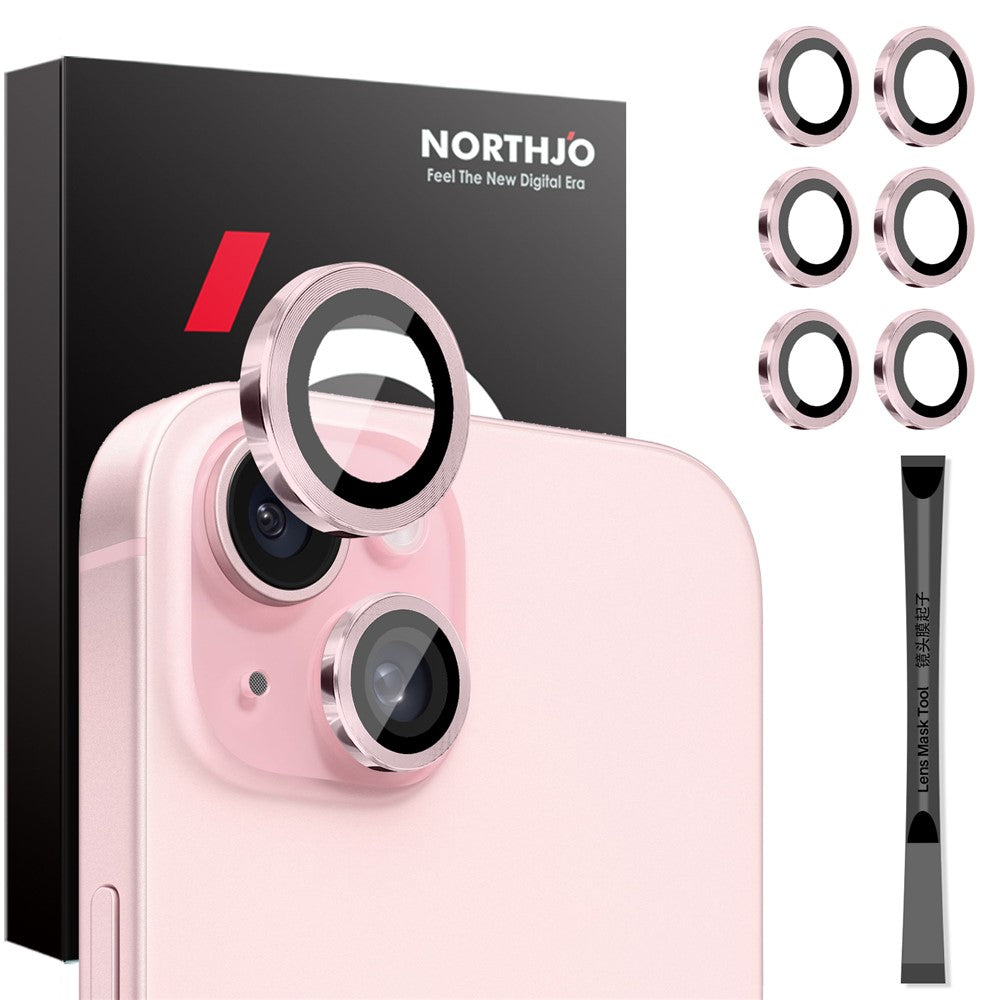 NORTHJO 3 Sets for iPhone 15 / 15 Plus / 14 / 14 Plus Tempered Glass Lens Protector CD Veins Metal Ring Lens Film