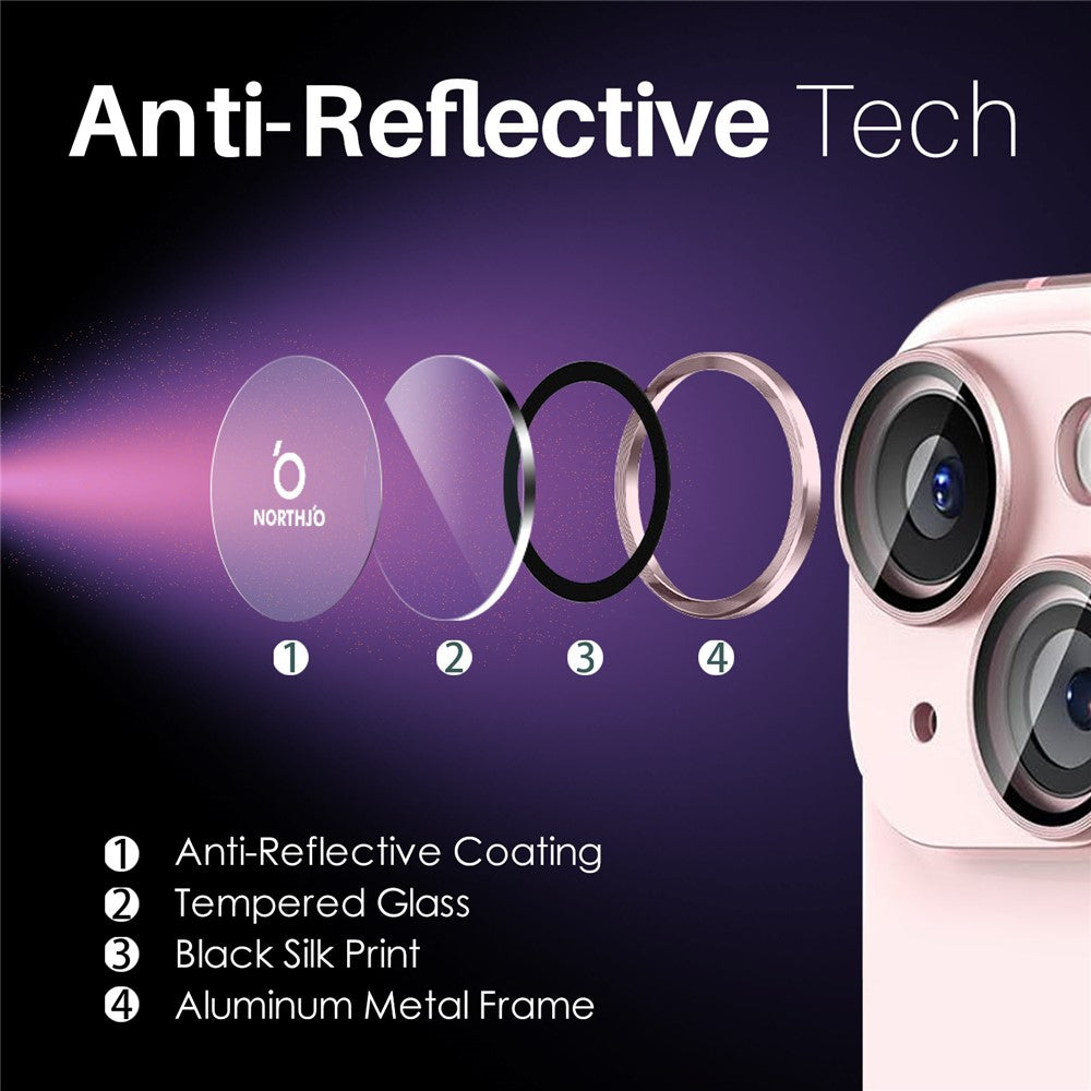 NORTHJO 3 Sets for iPhone 15 / 15 Plus / 14 / 14 Plus Tempered Glass Lens Protector CD Veins Metal Ring Lens Film