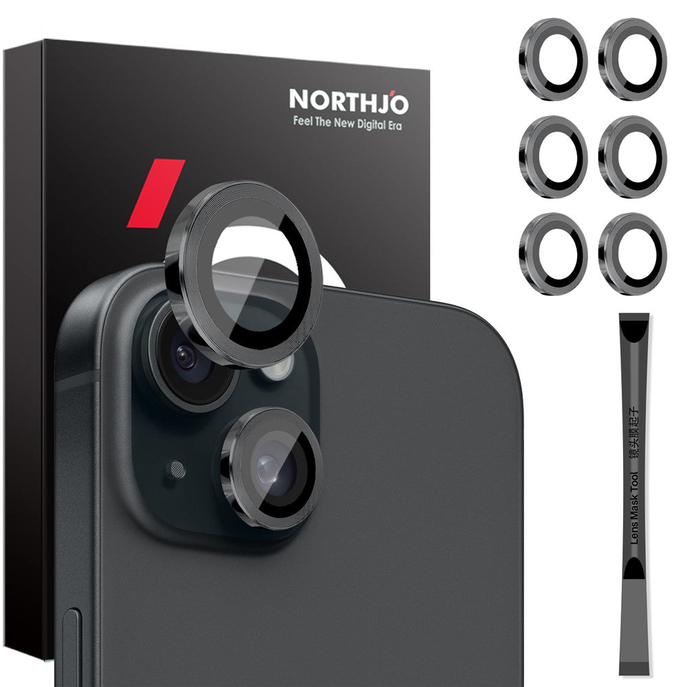 NORTHJO 3 Sets for iPhone 15 / 15 Plus / 14 / 14 Plus Tempered Glass Lens Protector CD Veins Metal Ring Lens Film