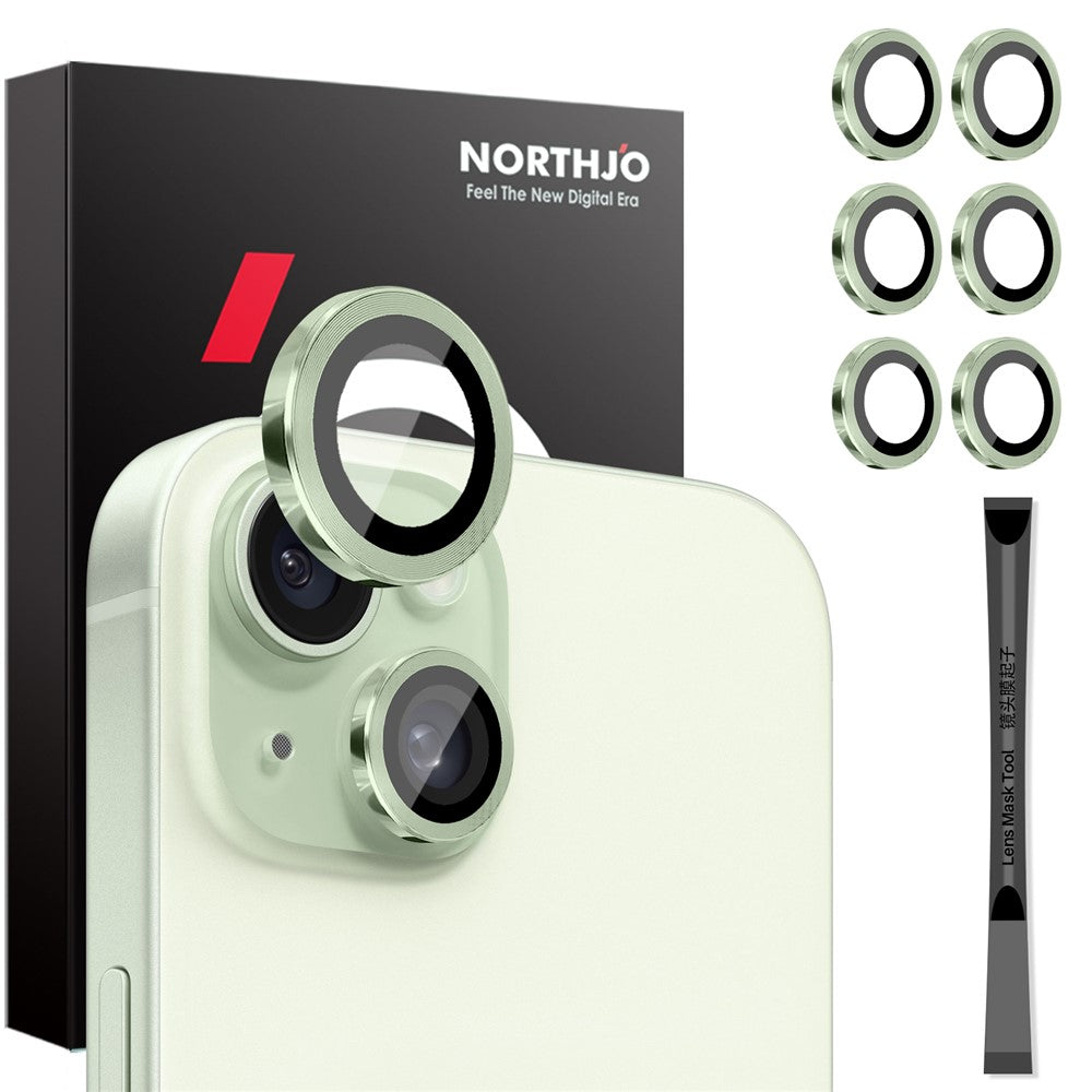 NORTHJO 3 Sets for iPhone 15 / 15 Plus / 14 / 14 Plus Tempered Glass Lens Protector CD Veins Metal Ring Lens Film