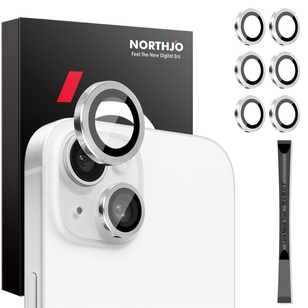 NORTHJO 3 Sets for iPhone 15 / 15 Plus / 14 / 14 Plus Tempered Glass Lens Protector CD Veins Metal Ring Lens Film