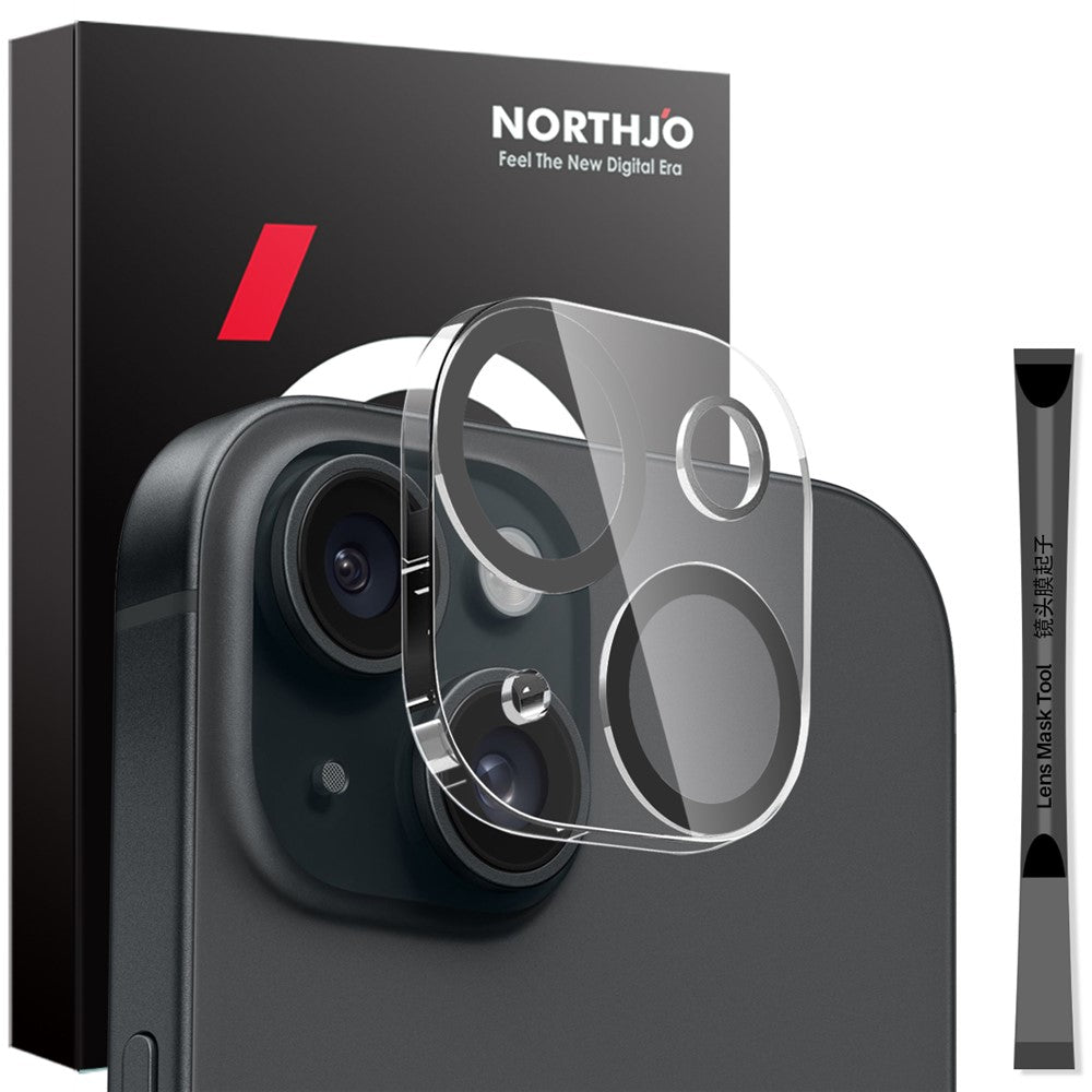 NORTHJO til iPhone 15 / 15 Plus Hærdet Glas Kameralinsebeskytter Sorte Cirkler HD Klar 3D Fuld Dækning