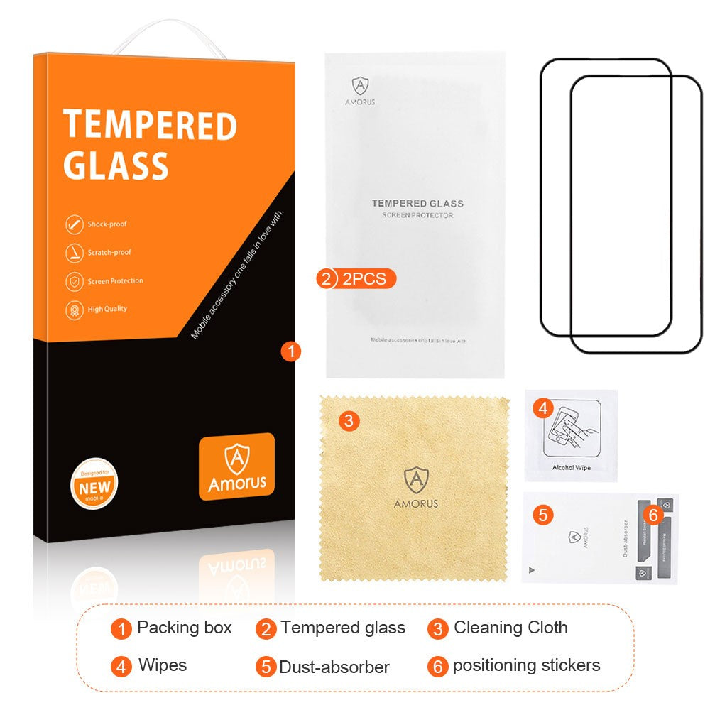 AMORUS 2Pcs For iPhone 16 Full Screen Protector HD Clear Silk Printing Tempered Glass Film