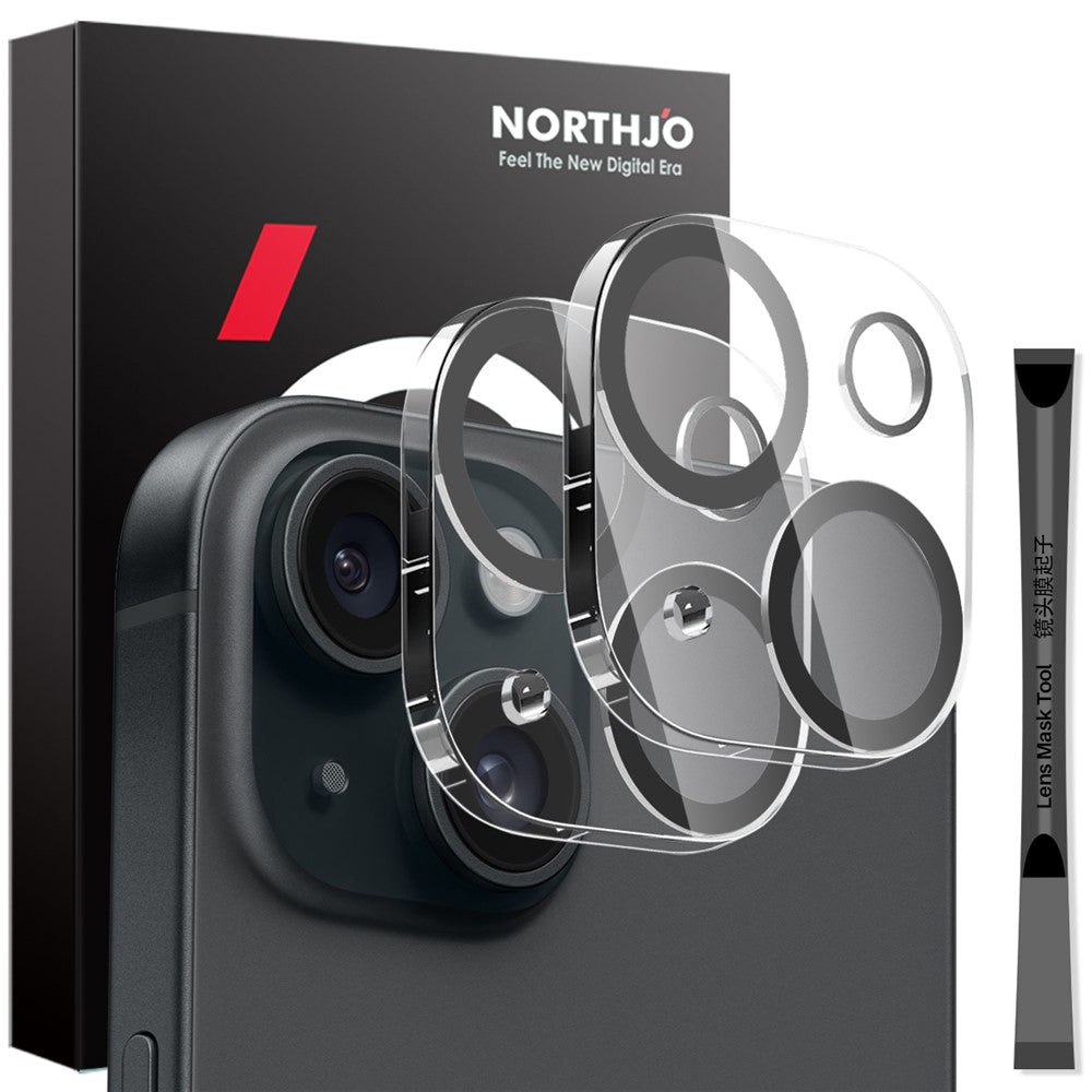 NORTHJO 2 Stk. Til iPhone 15 / 15 Plus Kameralinsebeskytter Sorte Cirkler HD Klar Hærdet Glas Linsefilm Fuld 3D Dækning