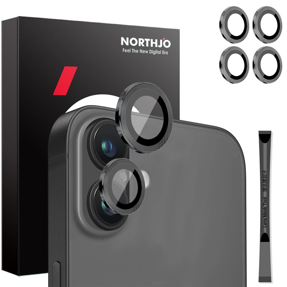 NORTHJO 2 sæt til iPhone 16 / 16 Plus kamerabeskytter CD-vener metalring hærdet glas linsebeskytter