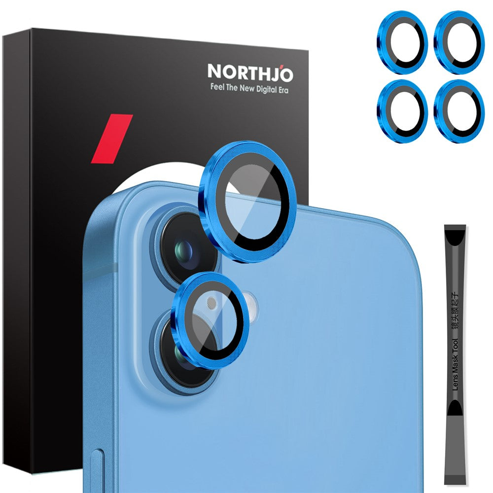 NORTHJO 2 sæt til iPhone 16 / 16 Plus kamerabeskytter CD-vener metalring hærdet glas linsebeskytter