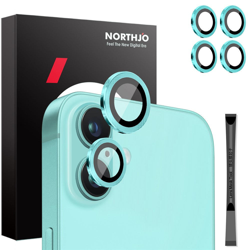 NORTHJO 2 sæt til iPhone 16 / 16 Plus kamerabeskytter CD-vener metalring hærdet glas linsebeskytter