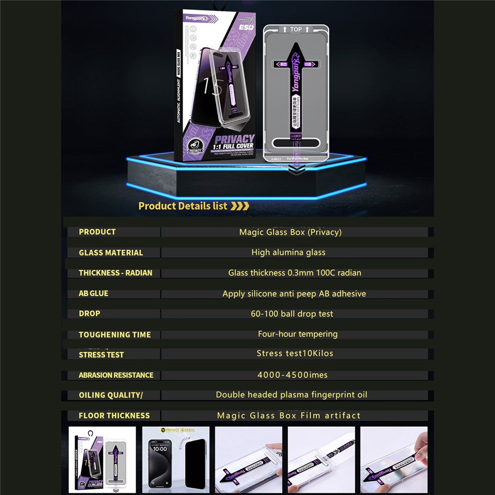 YONGPOLY For iPhone 16 Pro Anti-Spy Full Screen Protector Auto-Dust Removal Tempered Glass Film