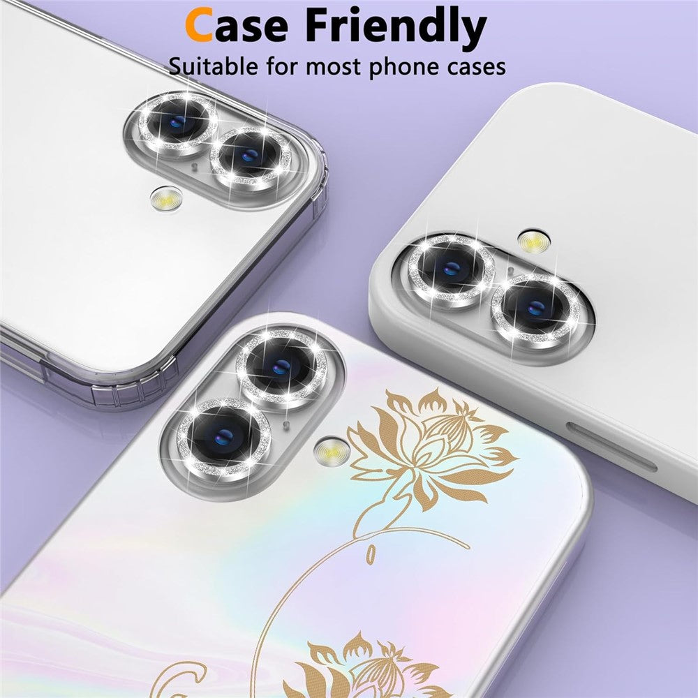 For iPhone 16  /  16 Plus Glitter Camera Lens Film Metal Ring+Tempered Glass Phone Lens Protector