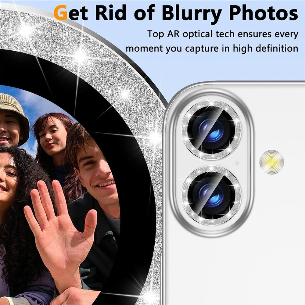 For iPhone 16  /  16 Plus Glitter Camera Lens Film Metal Ring+Tempered Glass Phone Lens Protector