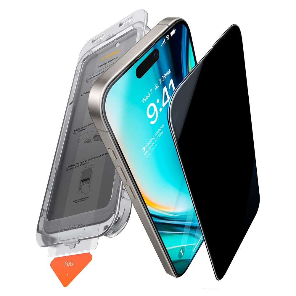 TORRAS Glassgo för iPhone 16 Pro Anti-spionage skärmskydd härdat glas privat film med automatiskt justerande ram