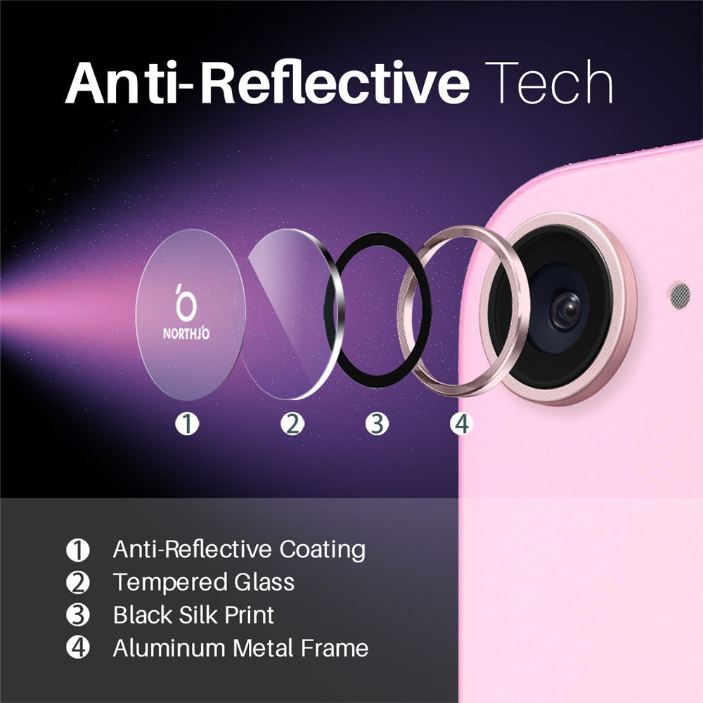 NORTHJO 1 sæt til iPhone 17e / 16e kameralinsefilm + hærdet glas + linsebeskytter med metalring