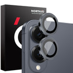 NORTHJO 1 set härdat glas för kameralinsen på Samsung Galaxy S25 Edge, CD-mönstrad metallring och linsskydd