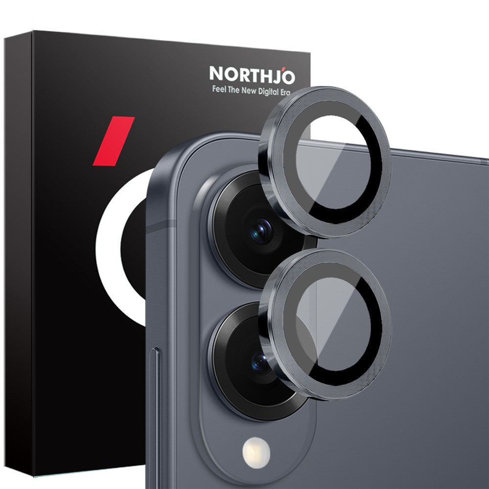 NORTHJO 1 set härdat glas för kameralinsen på Samsung Galaxy S25 Edge, CD-mönstrad metallring och linsskydd