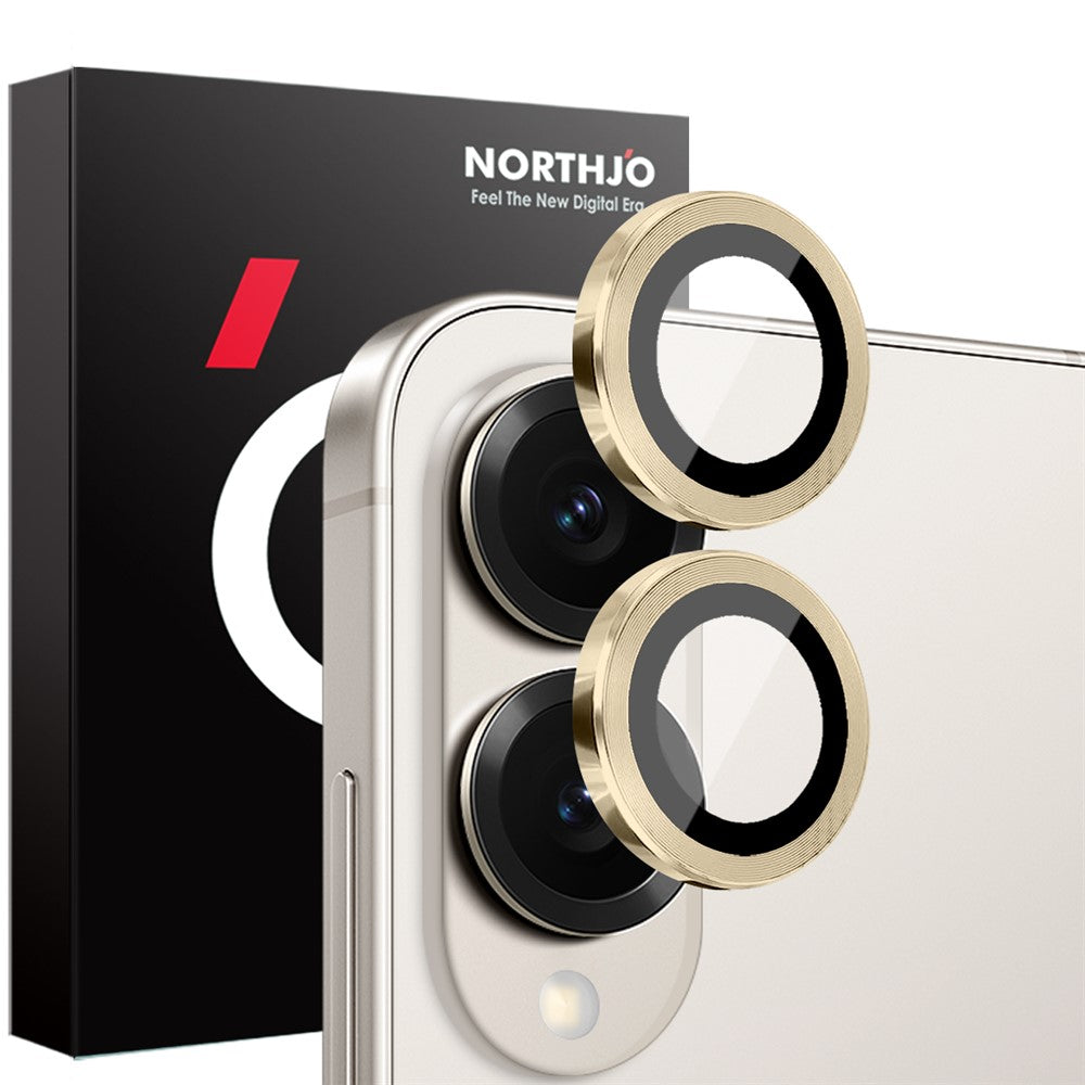 NORTHJO 1 set härdat glas för kameralinsen på Samsung Galaxy S25 Edge, CD-mönstrad metallring och linsskydd