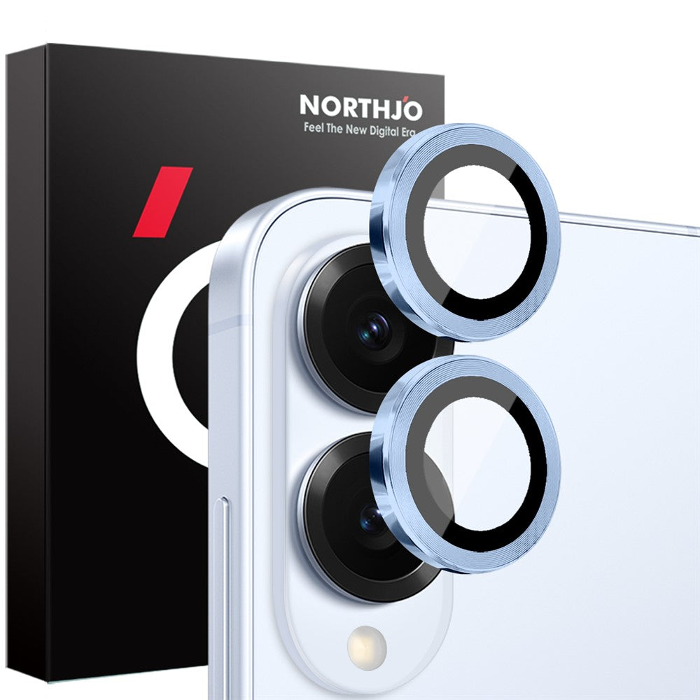 NORTHJO 1 set härdat glas för kameralinsen på Samsung Galaxy S25 Edge, CD-mönstrad metallring och linsskydd