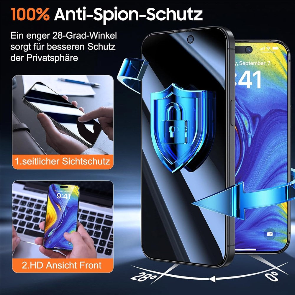 2Pcs For iPhone 14 Pro Max Screen Protector Anti Spy High Aluminium Silicon Glass Film with Dust Removal Tool