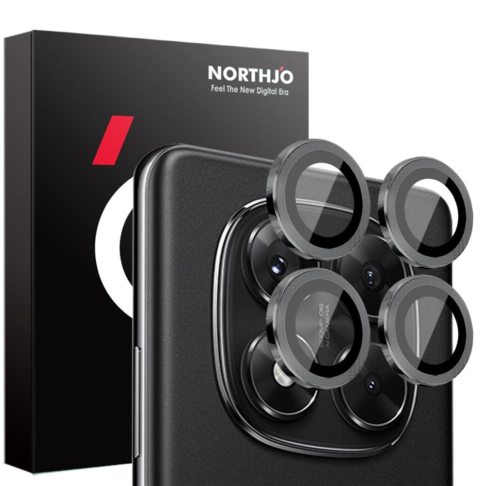 NORTHJO 1 set för Xiaomi Redmi Note 14 Pro 5G / Poco X7 5G härdat glas kameralinsfilm CD-vener metallring linsskydd