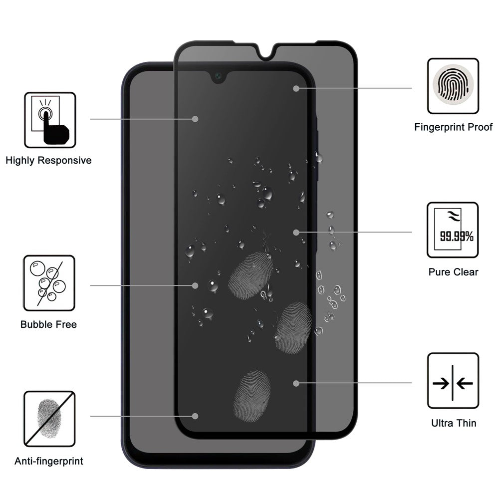 Hærdet glas-skærmbeskyttelse til Samsung Galaxy A08 5G / A08 4G / A07 5G / A07 4G / A06 5G / A06 4G, 2.5D Arc Edge anti-spionfilm