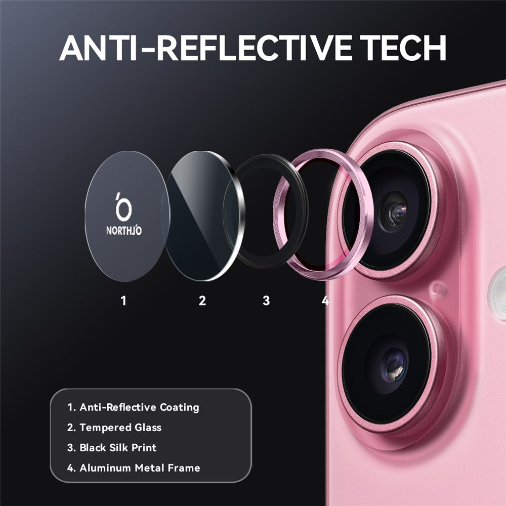 NORTHJO 1 sæt til iPhone 17 Hærdet glas kameralinsefilm CD Veins Metal Ring Linsebeskytter